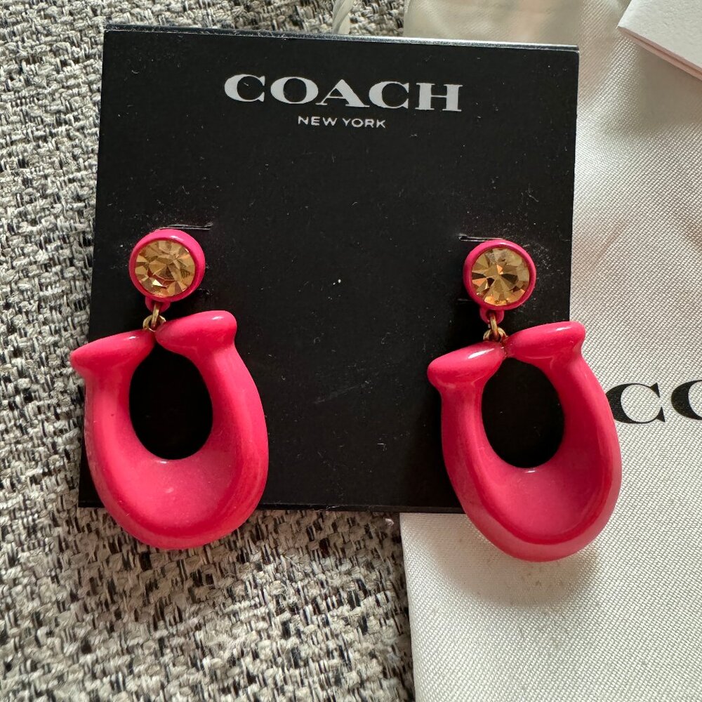 EUC Coach large signature enamel drop earrings #CB410 color pink/gold (ONH)
